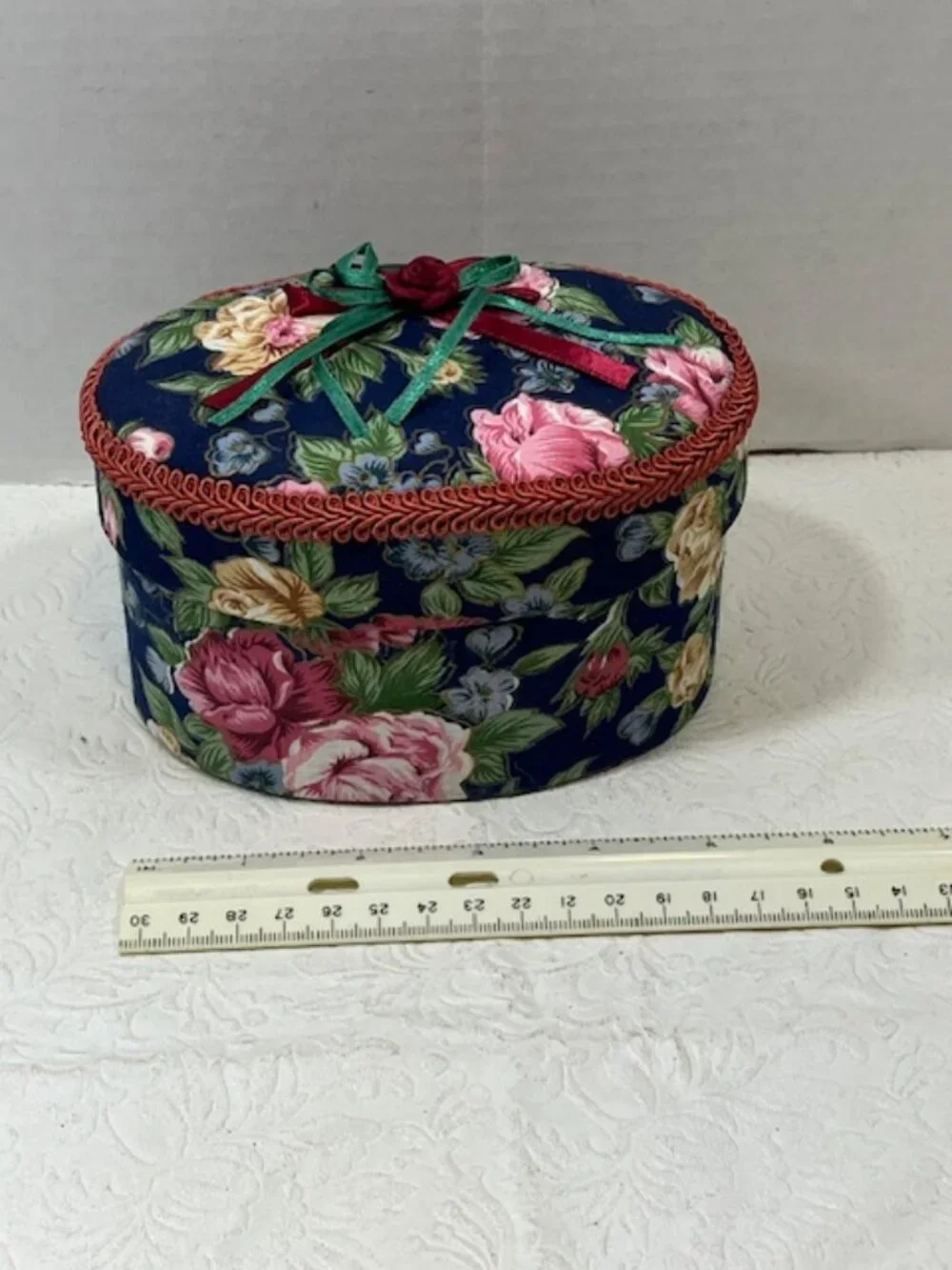 VTG Oval 2-Piece Floral Padded Fabric-Covered Storage Trinket Sewing JewelryBox